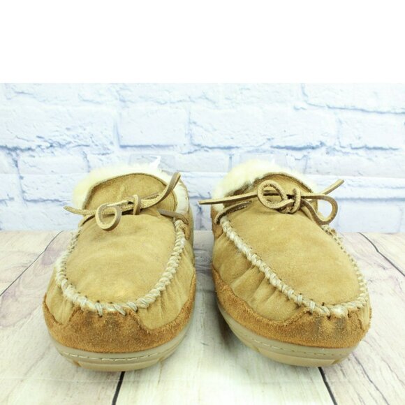 LL Bean Brown Suede Wicked Good Shearling Lined Moccasin Slippers Size 13 M - Picture 4 of 9